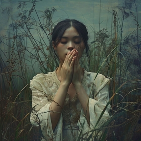 站在杂草丛双手合十虔诚祈祷美女图片